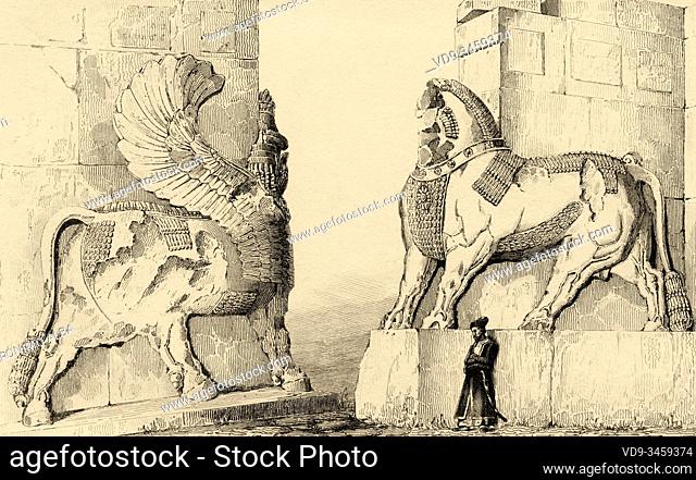 Bulls sculptures of western entrance of Gate of All Nations in Persepolis, ceremonial capital of Achaemenid Empire. Fars Province, Iran