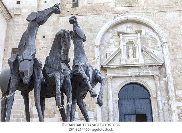 Mahon, Church door and sculpture Tre Cavalli, horses by Nag Arnoldi, Menorca island, Balearic Islands