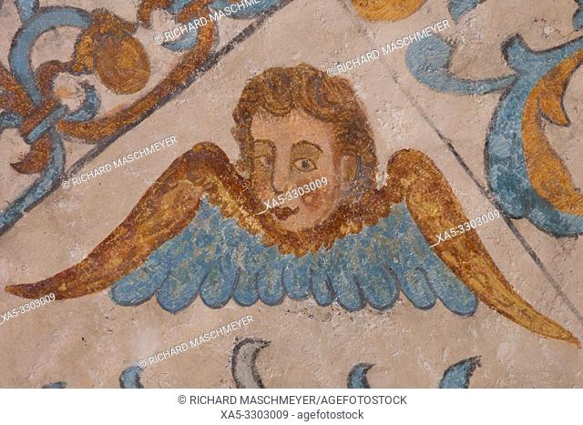 Angels Head, Frescoes, Church of Santa Clara, Founded 1553, Dzidzantun, Yucatan, Mexico