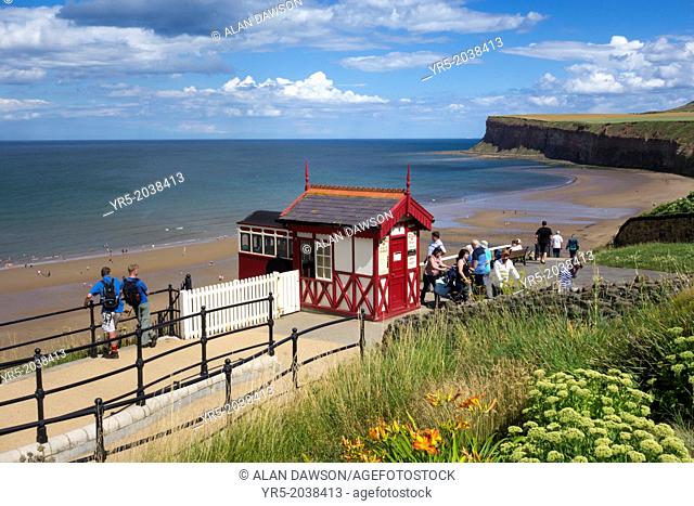 View of Saltburn's Cliff lift and beach, Saltburn by the Sea, North Yorkshire, England, United Kingdom