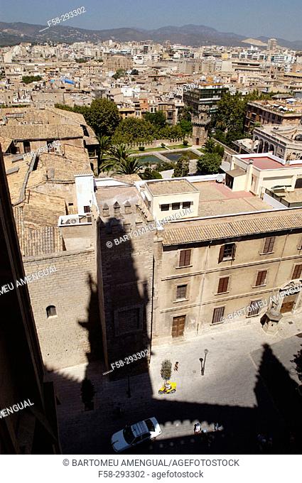 Almudaina royal palace seen from the rooftop of the cathedral. Palma de Mallorca. Majorca, Balearic Islands. Spain