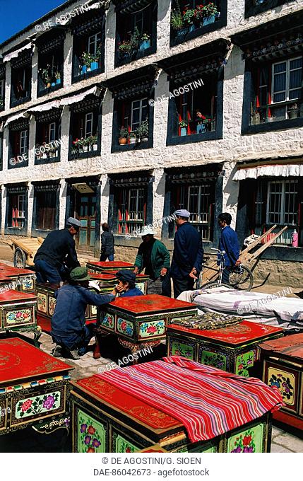 Decorated Tibetan furniture for sale in a market, Lhasa, Tibet, China