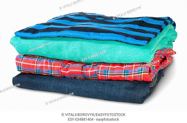 Stack Of Four Types Of Clothes Rotated Isolated On White Background