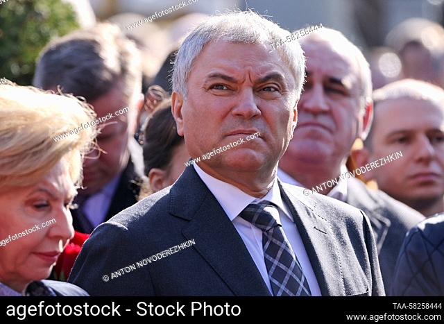 RUSSIA, MOSCOW - APRIL 6, 2023: Russian State Duma speaker Vyacheslav Volodin at the unveiling of a statue of former LDPR Party leader Vladimir Zhirinovsky at...