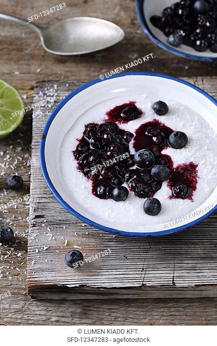 Coconut milk rice pudding with blueberries