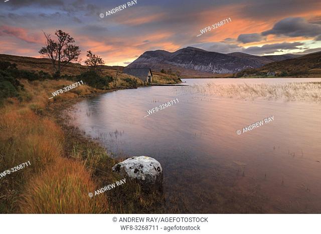 The boathouse at the southern end of Loch Stack, in the North West Highlands of Scotland, captured at sunrise in late October