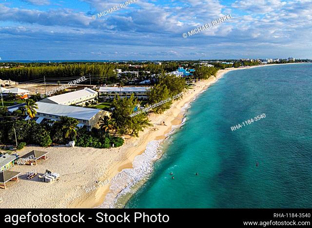 Aerial of the Seven Mile Beach, Grand Cayman, Cayman Islands, Caribbean, Central America