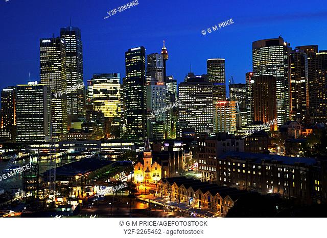 Sydney downtown skyline at dusk seen over The Rocks district