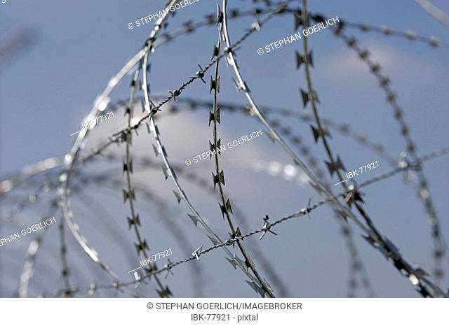 Munich, GER, 30. Aug. 2005 - Barbed wire on a fence at Munich airport