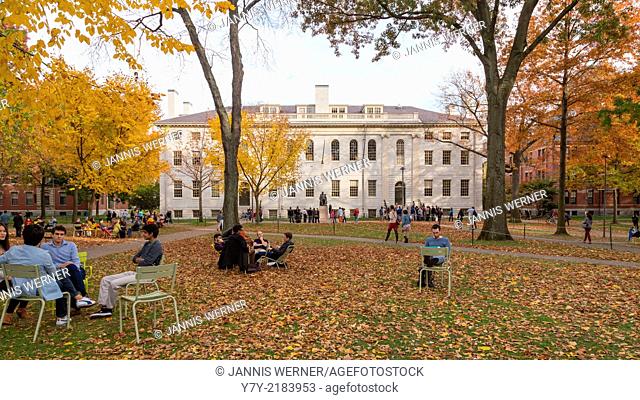 Harvard Yard, old heart of Harvard University campus, on a beautiful Fall day in Cambridge, Massachusetts, USA
