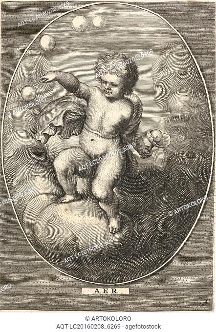 Element air as a child blowing bubbles on cloud, Cornelis van Dalen (II), Anonymous, Abraham van Diepenbeeck, 1648 - 1706
