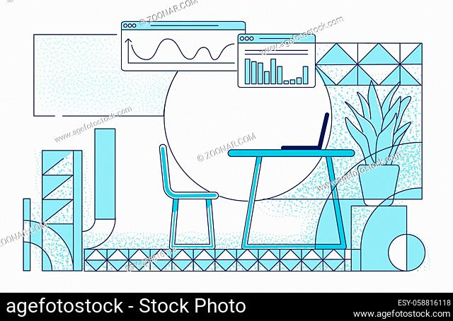 Modern office room interior outline vector illustration. Contemporary company employee workplace design contour composition on white background