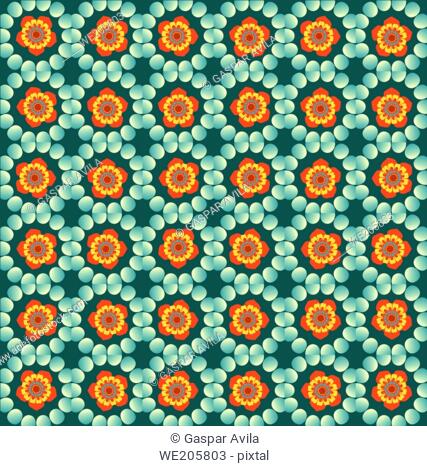 Pattern of flowers and geometric elements on a teal color background. Graphic design pattern