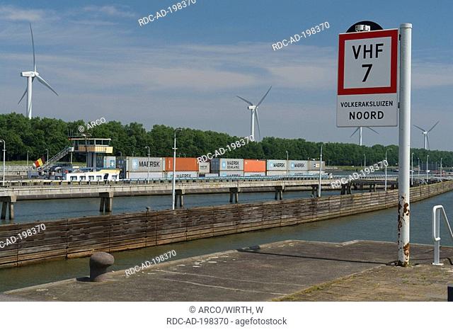 Cargo ship in floodgatte Volkeraksluizen, Willemstad, Noord Brabant, Netherlands