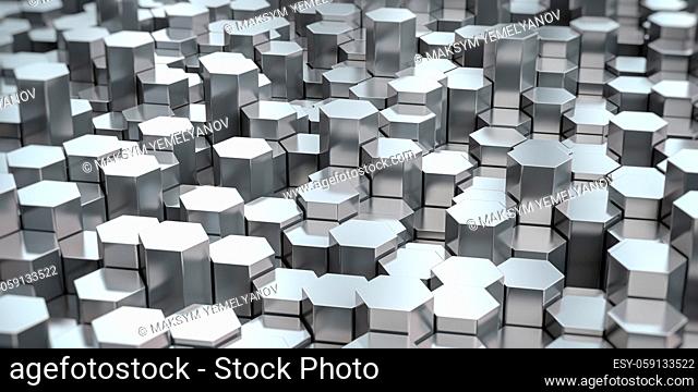 Hexagonal stainless steel rods background. Metal profile manufacturing and production. 3d illustration