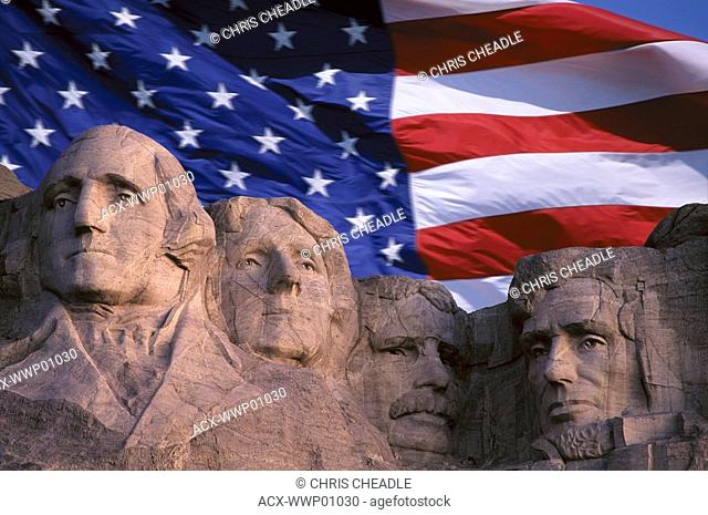 USA, South Dakota, Mount Rushmore with USA flag, digitally enhanced