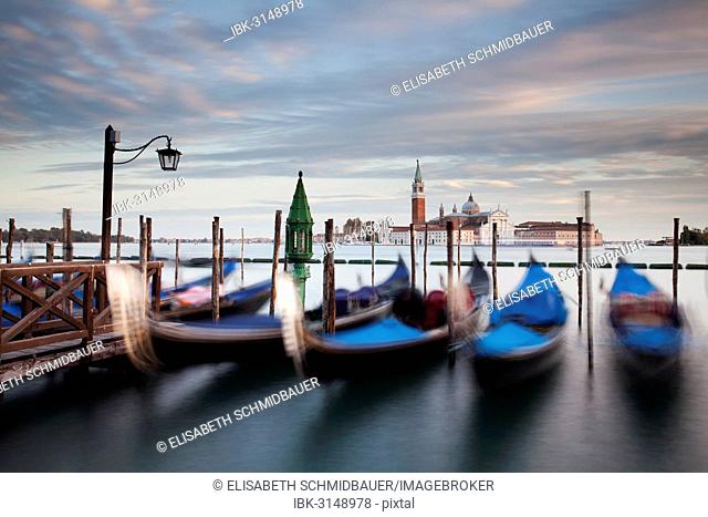 Gondolas and San Giorgio Maggiore at back, from St. Mark's Square, Venice, Venezien, Italy