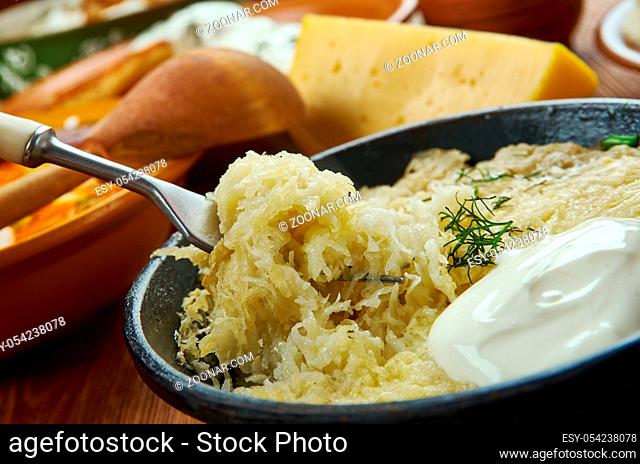Kugelis , Potato Pudding, Lithuanian cuisine, Baltic Traditional assorted dishes, Top view