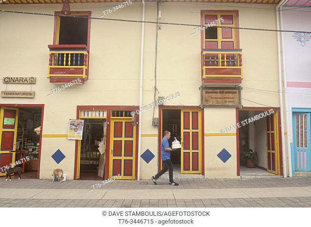 Colourful colonial architecture in Filandia in the Zona Cafetera, Colombia