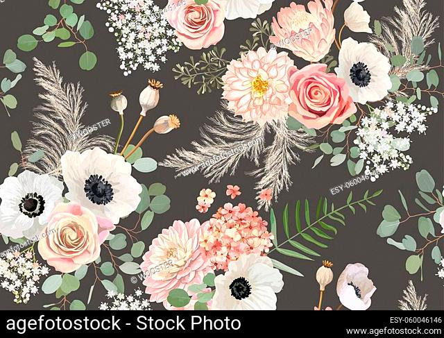 Rustic dried flowers pattern. Watercolor anemone, rose flower, eucalyptus leaves, pampas grass vector seamless background