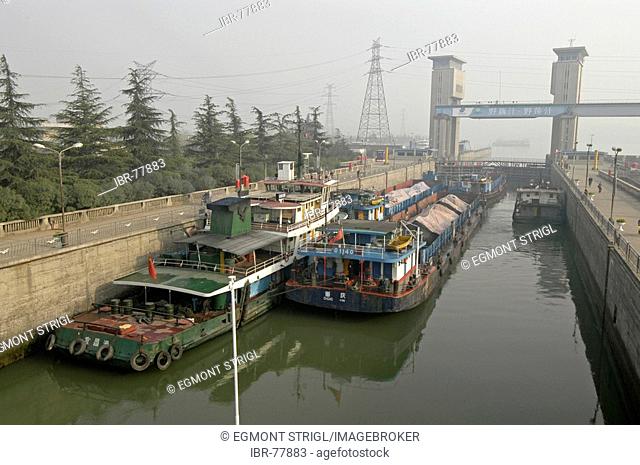 Cargoships on the Jangzi River in the Gezhouba locks near Yichang, China