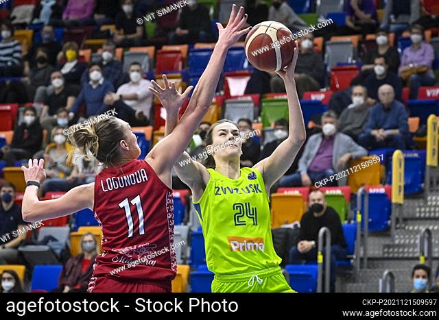 Anastasia Logunova of MBA Moscow, left, and Veronika Vorackova of USK in action during the women’s basketball EuroLeague, Group A