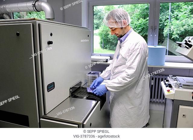Germany, Gelsenkirchen, The Laboratory and Service Center (LSC) of the Fraunhofer Institute for Solar Energy Systems. After printing the wafer comes into the...