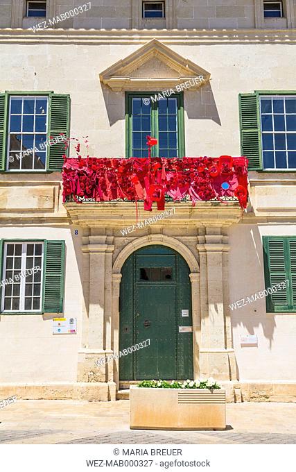 Spain, Balearic Islands, Menorca, Mao, city library, red decorated balcony