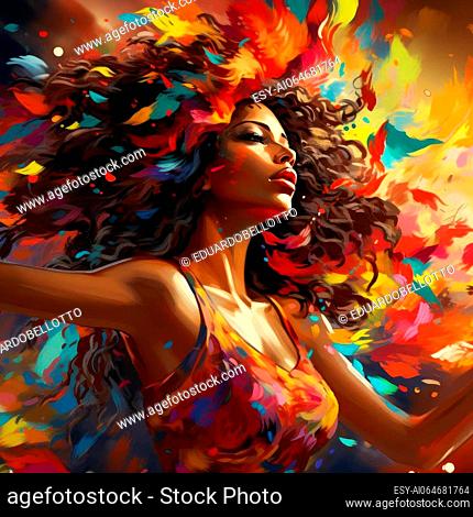 Girl dancing with colorful feathers in a vibrant and energetic portrait