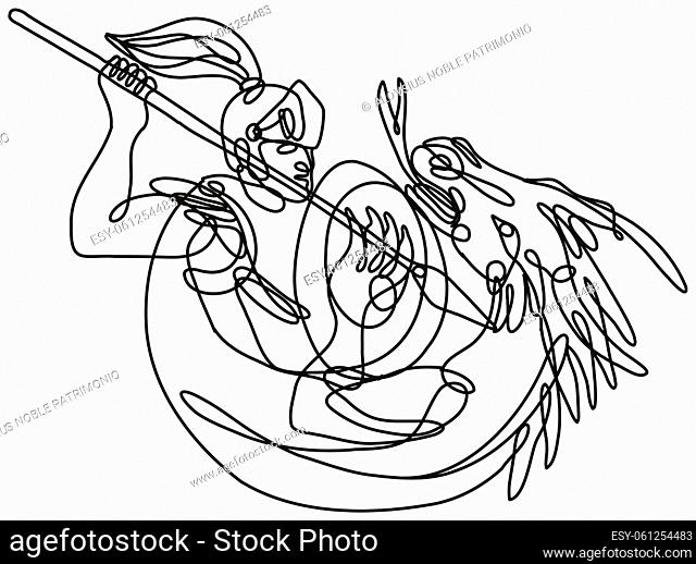 Continuous line drawing illustration of knight with lance and shield fighting dragon done in mono line or doodle style in black and white on isolated background