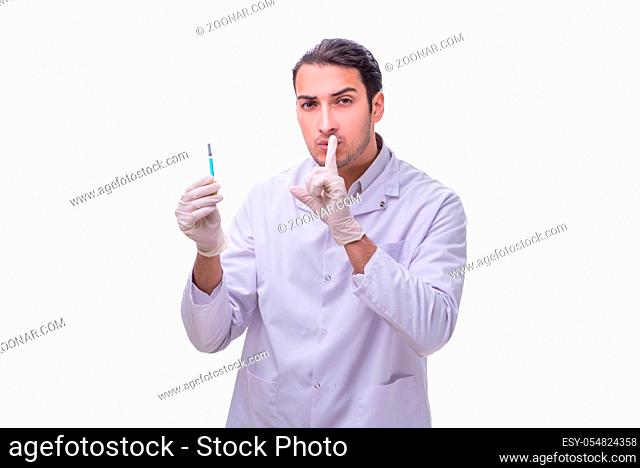 Young handsome doctor with syringe isolated on white