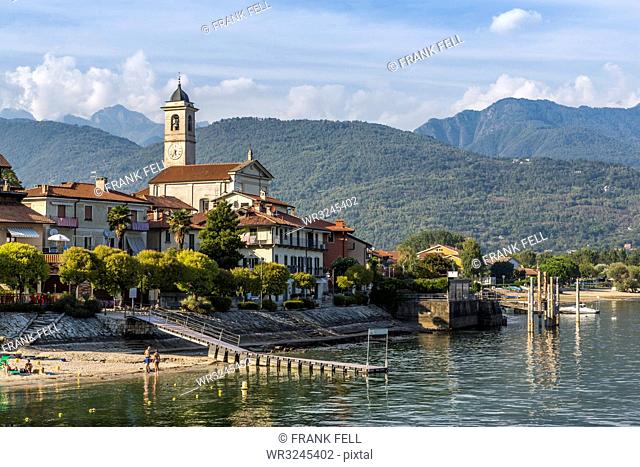 View of Feriolo town and church bell tower on Lake Maggiore, Lago Maggiore, Piedmont, Italian Lakes, Italy, Europe