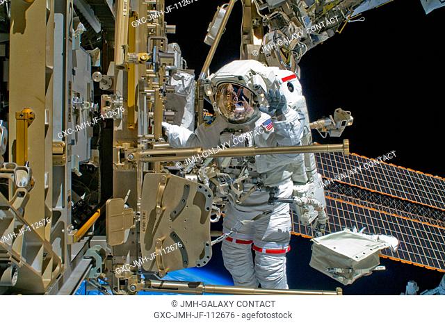 Astronaut Shane Kimbrough, STS-126 mission specialist, participates in the mission's second scheduled session of extravehicular activity (EVA) as construction...
