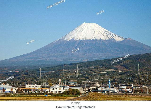 Asia, Japan, Honshu, Mt.Fuji, Mount Fuji, Fujisan, Fuji City, Shinkansen, Bullet Train, High Speed Rail, Mountain, Mountains, Snow Capped Mountain, Snow