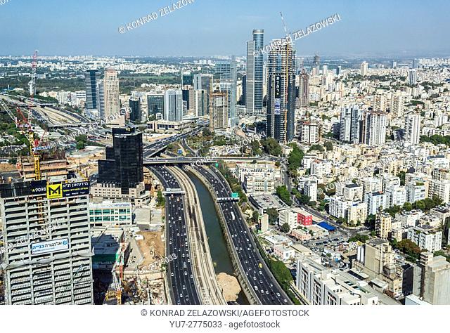 Ayalon Highway in Tel Aviv, Israel. Aerial view from Azrieli Center on Ramat Gan business district with Moshe Aviv Tower