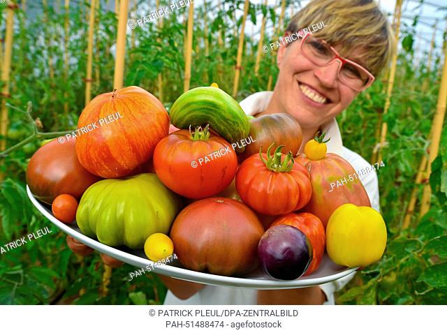 Benedicta von Branca holds up an assortment of tomatoes in her farm Hof am Weinberg in Bornow,  Germany, 27 August 2014. Her customers call her the tomato woman...