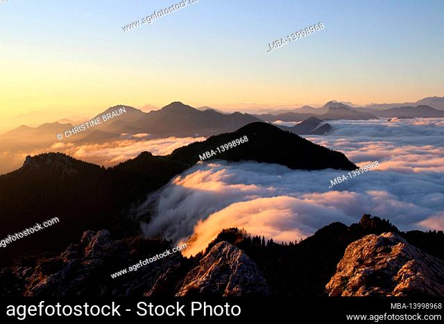 hike to the summit of the kampenwand (1669 m) in chiemgau, view over the sea of clouds, chiemgau alps, near aschau, upper bavaria, bavaria, southern germany