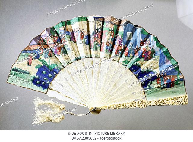 Hand fan depicting Chinese pavilion, tempera-painted rice paper with ivory and wood guardstick, 1870. China, 19th century