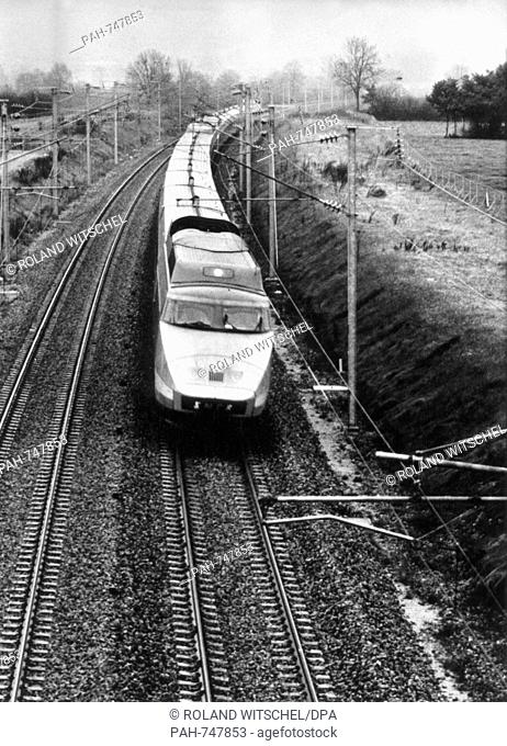 One of the new TGV high-speed trains on the Le Creusot line in the Saone et Loire region, recorded on 7 November 1981. Since September 1981