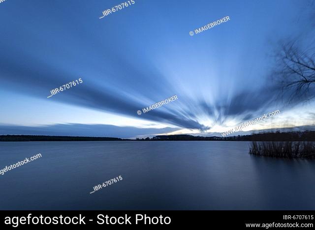 Mirror-smooth lake shortly after sunset, long exposure, Niegripp, Saxony-Anhalt, Germany, Europe