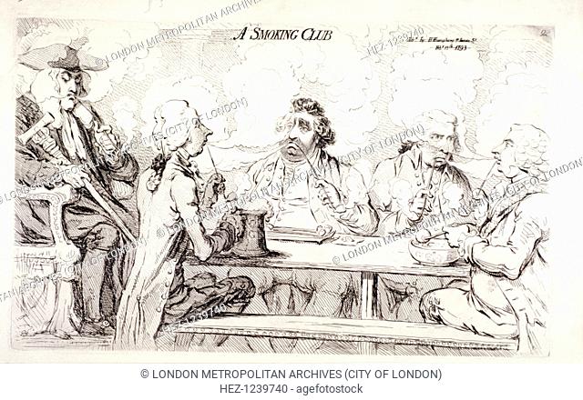 'A smoking club', House of Commons, London, 1793. Depicting the House of Commons burlesqued as a smoking club whose quarrelsome members - Fox, Dundas, Pitt, etc