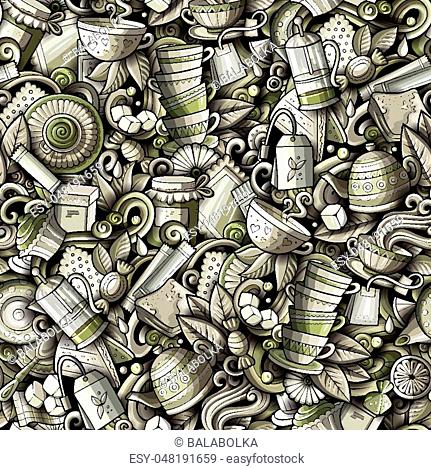 Cartoon cute doodles hand drawn Tea House seamless pattern. Monochrome detailed, with lots of objects background. Endless funny vector illustration