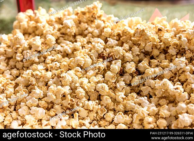 16 December 2023, Brandenburg, Leuthen: Popcorn is sold at a stall at a small Advent market. Advent and Christmas markets are also held in many German cities on...