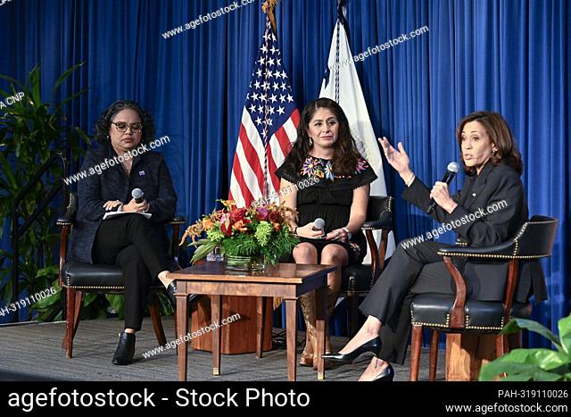 U.S. Vice President KAMALA HARRIS leads a roundtable conversation on reproductive rights with Mini Timmaraju of NARAL and Julieta Garibay of the Groundswell...