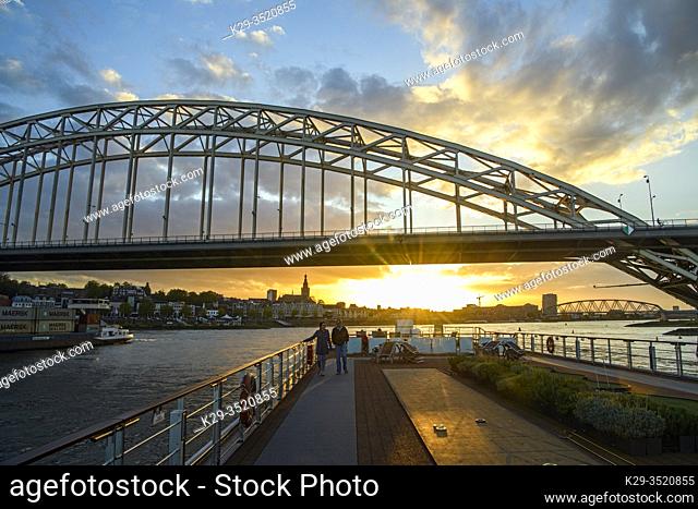 Waalbrug Bridge over the Waal River at sunset, Nijmegen, Gelderland, Netherlands