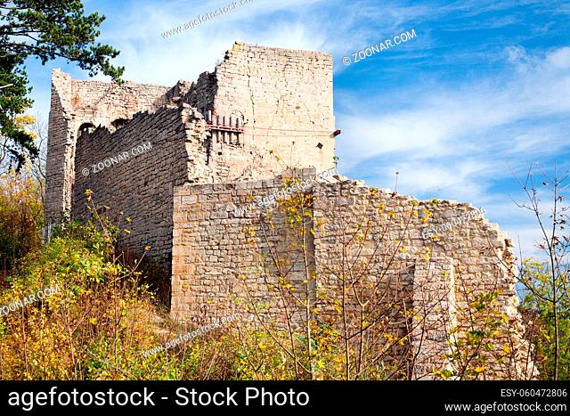 die Burgruine Lobdeburg bei Jena in Thüringen castle ruin Lobdeburg - historic building at fall, germany