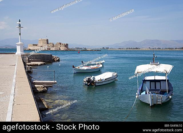 Bourtzi Port and Fortress Island, Nafplio, Argolis, Peloponnese, Greece, Nauplia, Nauplion, Nafplion, Bourtsi, Europe