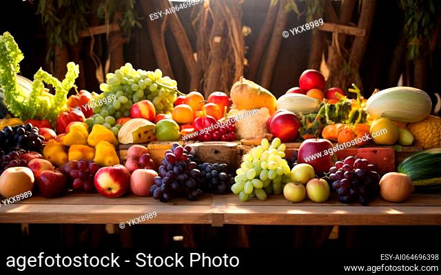 A colorful array of fruits and vegetables displayed on a table inside a Sukkah, symbolizing abundance and gratitude