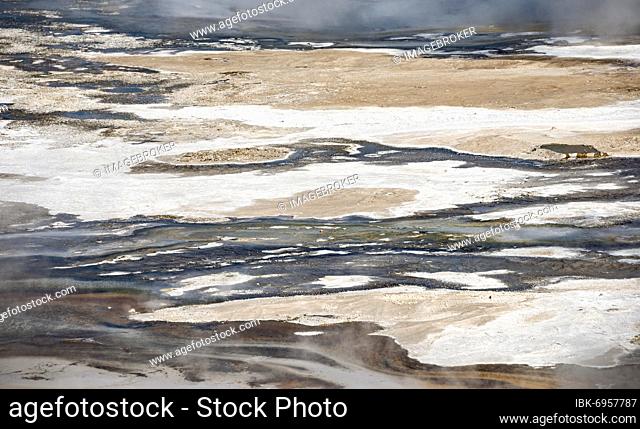 Abstract detail, hot steaming springs, colorful mineral deposits in Porcelain Basin, Noris Geyser Basin, Yellowstone National Park, Wyoming, USA, North America