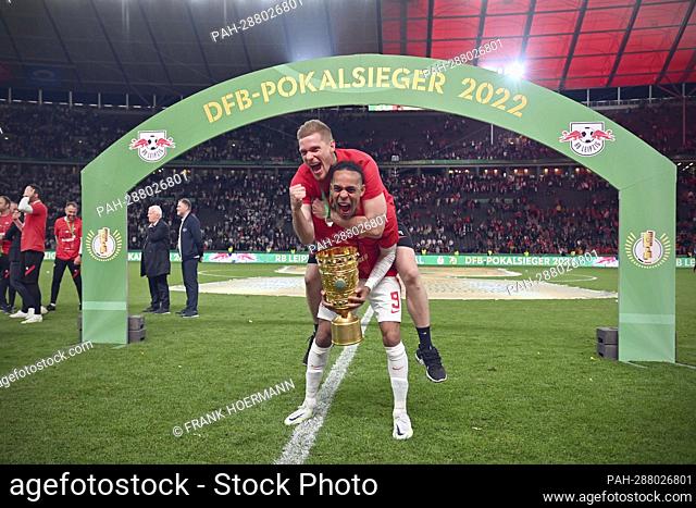 Marcel HALSTENBERG (L) and Yussuf POULSEN (L) with cup, cup, trophy, award ceremony. 79th DFB Cup final, SC Freiburg - RB Leipzig 2-4 iE in the Olympic Stadium...